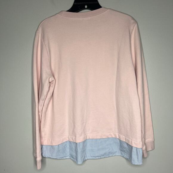 J.Crew Pink Pullover Crewneck Sweatshirt Blue White Strip Woven Hem Women's L - Picture 7 of 10